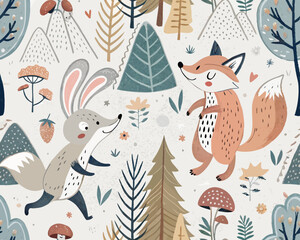 Seamless Scandinavian Animal Vector Illustration – Cute Hand-Drawn Background with Forest Creatures and Nordic Style
