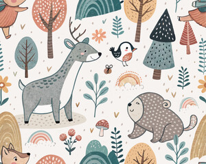 Seamless Scandinavian Animal Vector Illustration – Cute Hand-Drawn Background with Forest Creatures and Nordic Style
