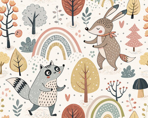 Seamless Scandinavian Animal Vector Illustration – Cute Hand-Drawn Background with Forest Creatures and Nordic Style