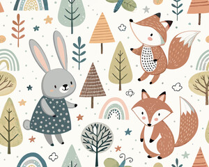 Seamless Scandinavian Animal Vector Illustration – Cute Hand-Drawn Background with Forest Creatures and Nordic Style