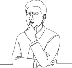  A minimalist continuous line art illustration o a Pensive businessman in a suit, with hand on chin, contemplating a decision