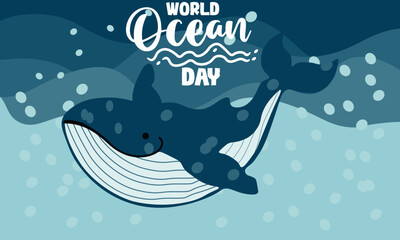 World oceans day design. Ocean day concept with whale underwater landscape sea fishes. 8th june, world oceans day.