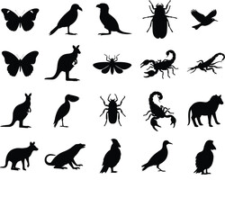 Obraz premium Grid of Diverse Animal and Insect Silhouettes in Minimalist Vector Style
