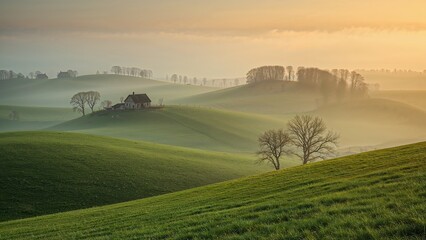 A tranquil landscape with rolling green hills trees and houses shrouded in a soft morning mist glow light © ZaheerUDin