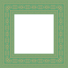 Vector gold with green square Kazakh national ornament. Ethnic pattern of the peoples of the Great Steppe,
