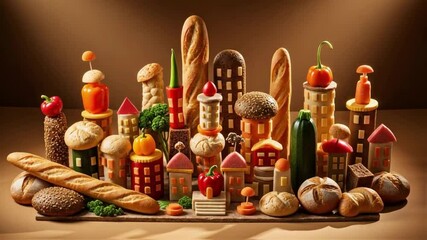 Miniature city crafted from various breads and fresh vegetables stands creatively arranged, showcasing imaginative food art for culinary inspiration and nutritional awareness campaigns