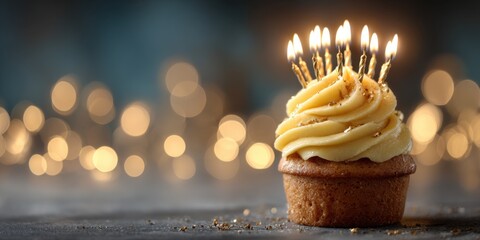 Minimalist Birthday Cake with Eight Burning Candles and Creamy Yellow Frosting Against a Moody Bokeh Background