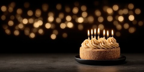 Minimalist Birthday Cake with Eight Burning Candles and Creamy Yellow Frosting Against a Moody Bokeh Background