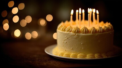 Minimalist Birthday Cake with Eight Burning Candles and Creamy Yellow Frosting Against a Moody Bokeh Background