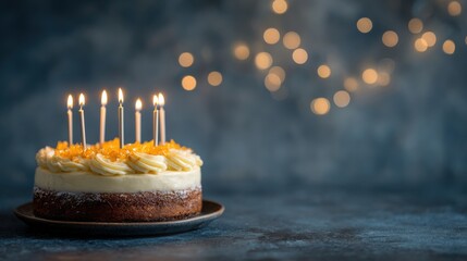 Minimalist Birthday Cake with Eight Burning Candles and Creamy Yellow Frosting Against a Moody Bokeh Background