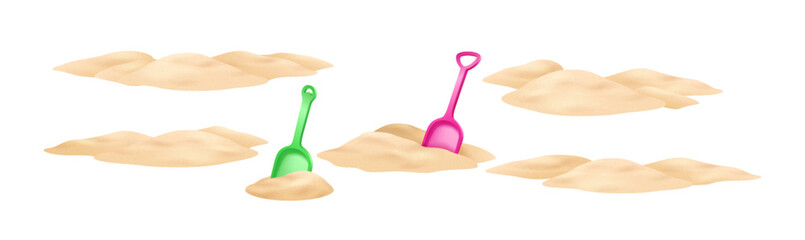 Illustration of colorful plastic shovels resting in soft sand. Green and pink shovels add vibrant contrast. Perfect for summer beach activities and playful themes. © ApoevArt