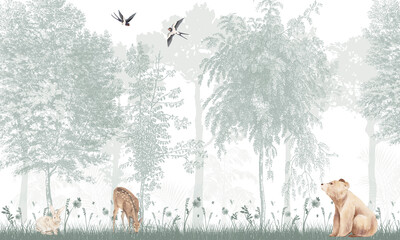 Minimalist Wildlife Wall Mural: Forest Background with animals   © csinie1