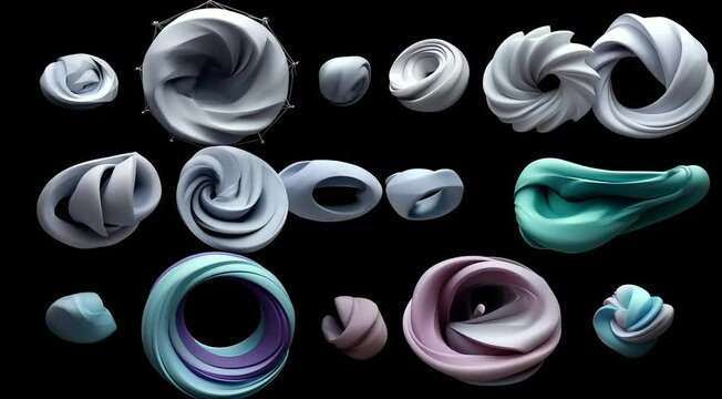 An evolving set of 3D objects that twist and rotate, morphing from sharp polygons to soft, flowing shapes