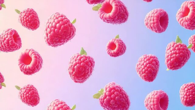 Fresh pink raspberries falling on gradient background