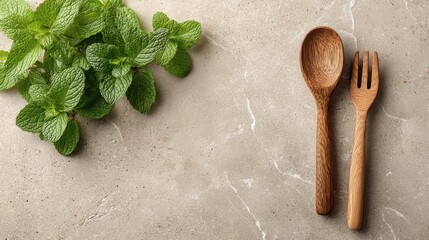 wooden, spoon, fork, cutlery, mint, leaves, herbs, fresh, green, natural, kitchen, utensil, tool, tableware, organic, eco, flatlay, background, beige, stone, rustic, food, healthy, cooking, dining, mi