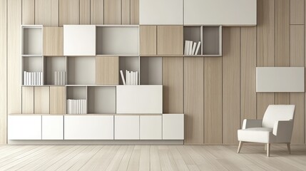 Minimalist room with a built-in modular shelving unit combining light wood and white cubes, housing books and a single white armchair on light wood flooring