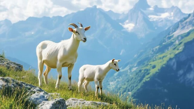 Two goats are standing on the top of the mountain, behind the picturesque mountains