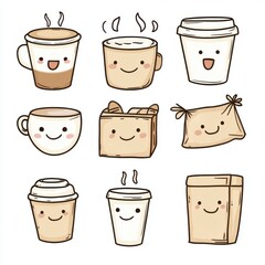 Cute Coffee Cup and Bag Kawaii Style Drawings