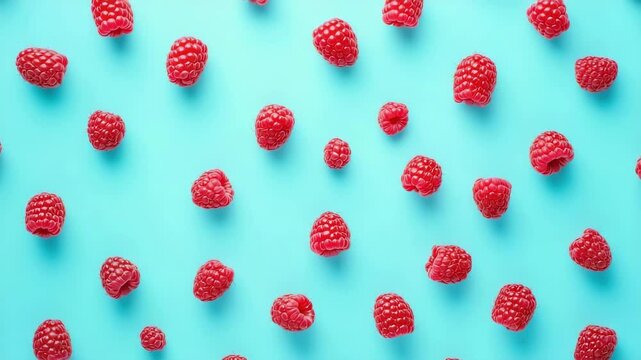 Fresh raspberries on a bright turquoise background are flying