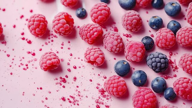 Fresh and frozen raspberries and blueberries creating a colorful pattern on pink background