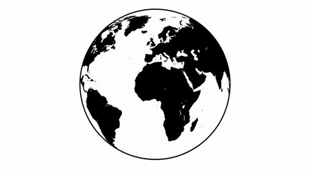 Obraz premium This flat, high-contrast graphic features a solid black silhouette of planet Earth, with clearly defined continents of Europe, Africa, and Asia, suitable for vector use on a white background.