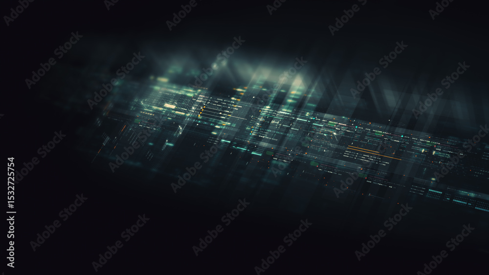 Poster Futuristic network simulation blending AI, quantum physics, and deep learning, with a particle matrix analyzing data in a sleek, background animation display