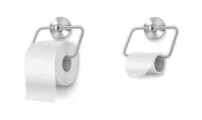 Realistic illustration of a full and an almost empty toilet paper roll. White and gray tones. Highlights bathroom essentials, paper usage, hygiene. Perfect for cleaning products.