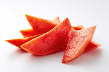 Several vibrant orange-red papaya slices, neatly arranged on a bright white background, showcasing their juicy, textured flesh