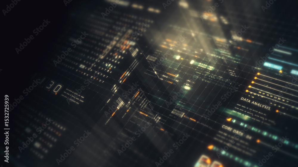 Aufkleber Futuristic network simulation blending AI, quantum physics, and deep learning, with a particle matrix analyzing data in a sleek, background animation display