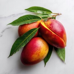 Three ripe mangoes, one sliced open, rest on a marble surface, surrounded by vibrant green leaves