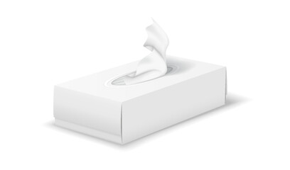 Illustration of a realistic tissue box in white hues. This depiction showcases the box with a tissue emerging, emphasizing hygiene in a minimalist style.