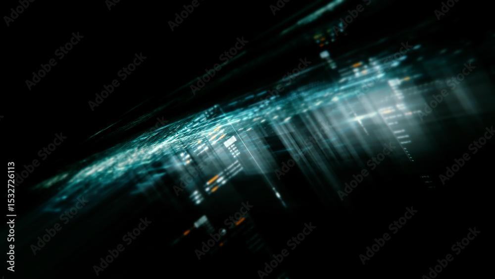 Poster Futuristic network simulation blending AI, quantum physics, and deep learning, with a particle matrix analyzing data in a sleek, background animation display