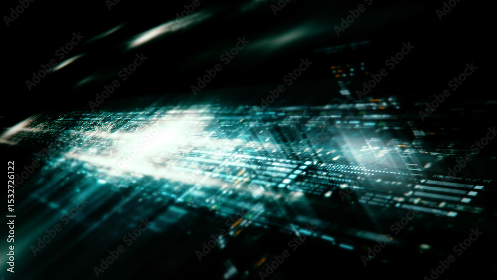 Poster Futuristic network simulation blending AI, quantum physics, and deep learning, with a particle matrix analyzing data in a sleek, background animation display