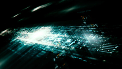 Futuristic network simulation blending AI, quantum physics, and deep learning, with a particle matrix analyzing data in a sleek, background animation display