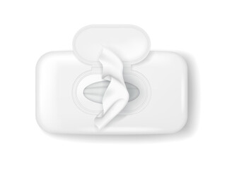 Open white wet wipes package in a realistic style. Seen from top perspective with soft shadows. Essential for personal hygiene and cleaning purposes.