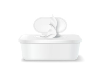 Realistic illustration of a white plastic container with an open lid showcasing soft tissues. Perfect for hygiene, healthcare, and cleanliness themes.