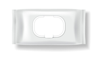 Empty packaging design for wet wipes with realistic details. White and minimalistic style, emphasizing hygiene and cleanliness. Ideal for branding purposes.