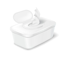 Plastic container with open lid and a tissue emerging. Realistic style in white color. Represents convenient hygiene product usage in household settings.