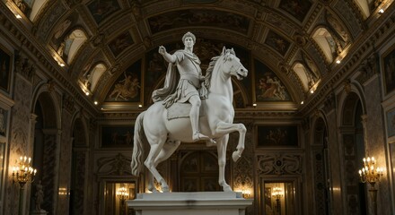 Majestic marble equestrian statue graces an opulent palace interior space