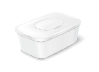 3D illustration of a white plastic container with a secure lid, used for storing wipes or small items. Minimalist design in crisp white on a plain background.