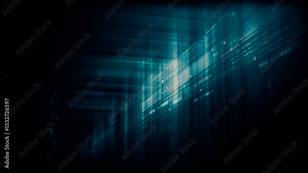 Poster Futuristic network simulation blending AI, quantum physics, and deep learning, with a particle matrix analyzing data in a sleek, background animation display