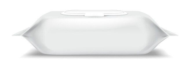 Realistic illustration of white wet wipes packaging with a plastic lid. Minimalistic design. Useful for product mockups. Isolated on a plain white background.