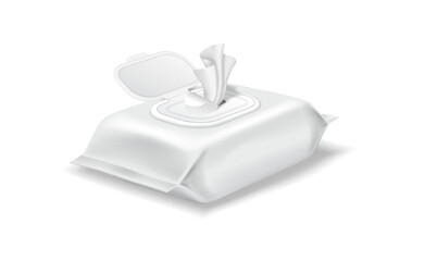 Illustration of a pack of wet wipes with an open lid in a realistic style. The design is predominantly white, emphasizing cleanliness and hygiene, ideal for healthcare products.