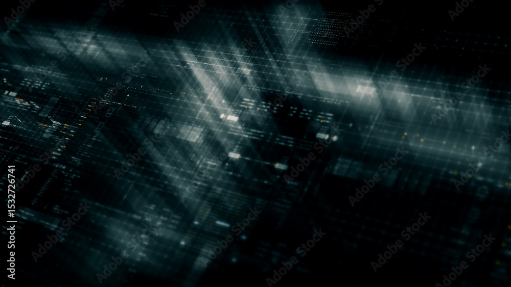 Poster Futuristic network simulation blending AI, quantum physics, and deep learning, with a particle matrix analyzing data in a sleek, background animation display