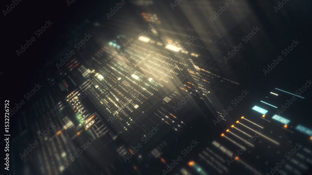 Aufkleber Futuristic network simulation blending AI, quantum physics, and deep learning, with a particle matrix analyzing data in a sleek, background animation display