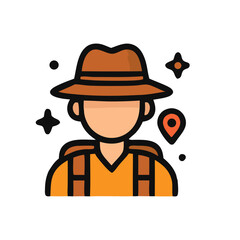 A traveler figure with a hat and backpack, representing adventure, exploration, and tourism.
