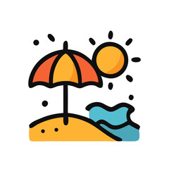 A beach scene with a sun umbrella, ocean waves, and a bright sun, ideal for representing tropical vacations or relaxation.