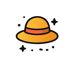A yellow-orange summer hat representing sun protection and travel fashion, especially for tropical destinations.
