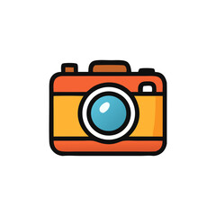 An orange and yellow camera with a blue lens, perfect for travel photography, blogging, or memory capturing themes.