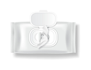 Detailed illustration of white wet wipe packaging. Realistic design in monochrome colors. Ideal for hygiene products and branding templates.